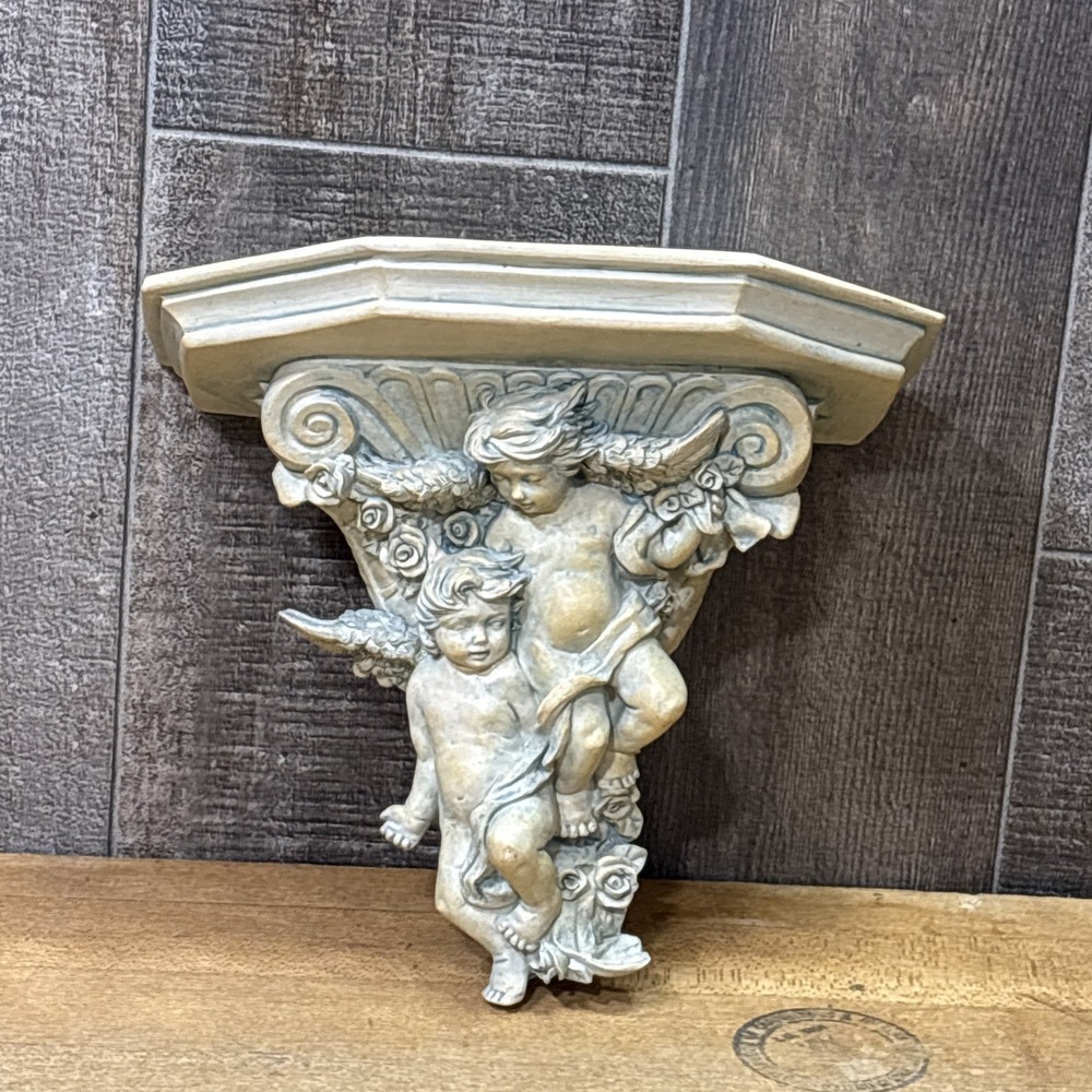 Vintage Baroque Cherub Putti Wall Shelf Corbel Sconce Blue Green Victorian Decor
